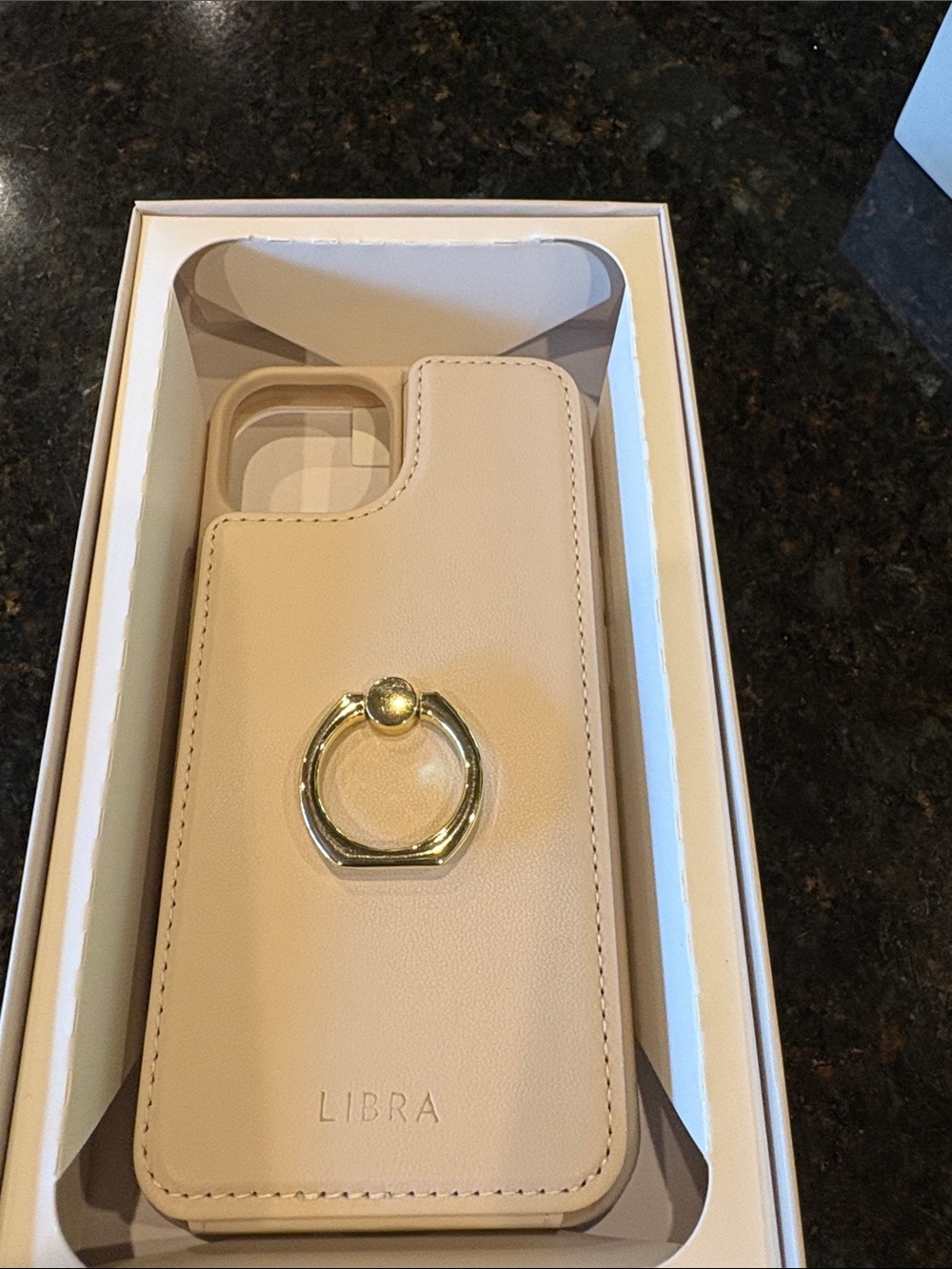 LIBRA Beige Leather Phone Case with Gold Ring Holder